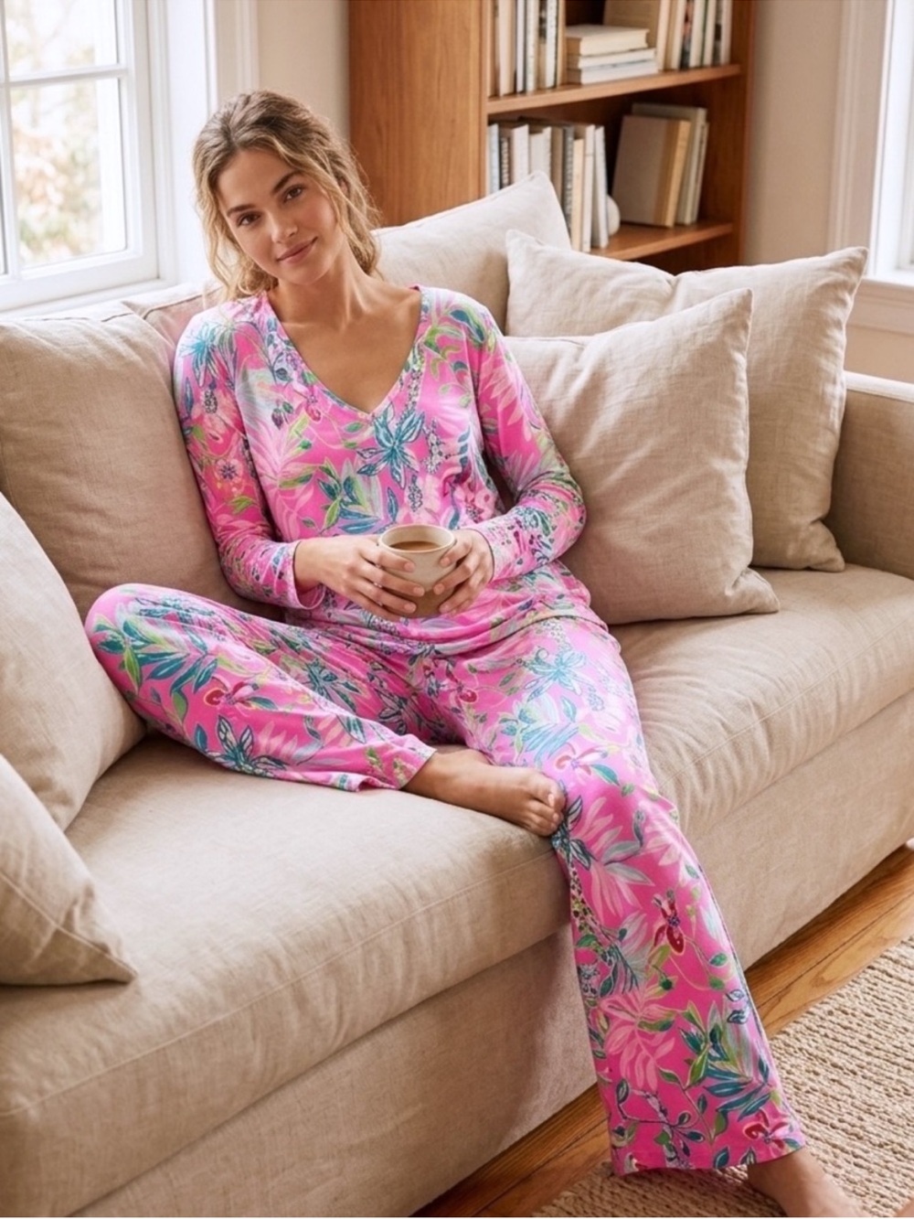 Lilly Pulitzer Knit Long Sleeve Plumeria Pink Im Feline Fine PJ Pant Set Size XL